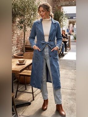 Avec Les Filles Stylish Blue Denim Trench Coat w/ Belted Waist Medium